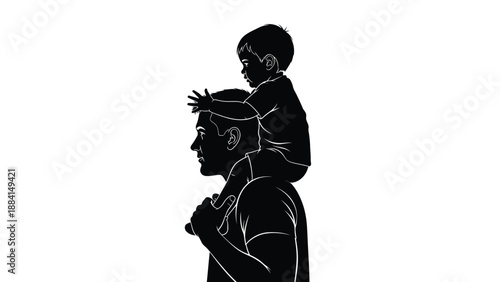 Father carries child shoulders in loving embrace showcasing family bond and togetherness against a clean white emphasizing love Silhouette vector on whit Background