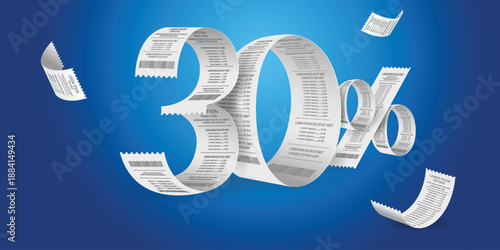 30 Percent Discount Receipt Paper Number with 3D Sale Concept on Blue Background. 30% discount on purchases. Sales promotion.
