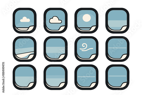 Brutalist Airplane Icons. Aerial Window View icon set in silhouette bold style. Contain rounded window cutout, drifting cloud, faint wing edge, pale sun disc,