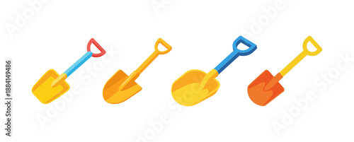 Colorful summer beach shovels arranged in a row on a clean surface, seen from directly above