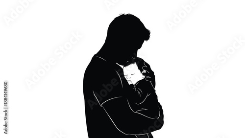 Father lovingly embraces his sleeping baby conveying a tender moment of connection and protection in a monochromatic high contrast Silhouette vector on whit Background