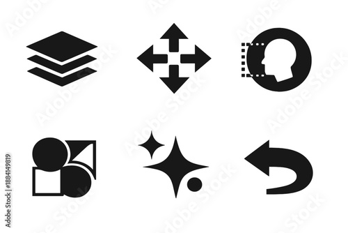 Brutalist Editing Icons. Creative editing icon set in silhouette bold style. Contain layer stack, transform arrows, mask shape, blend mode icon, effect spark, history undo