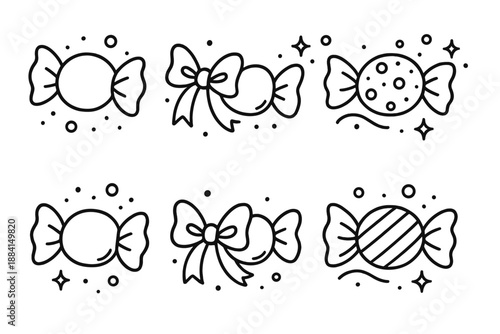 Sweet Parcel Icons. Sweet Parcel Wrapped Delight set in outline vector style : bundled sweet wrap, drifting sugar fleck, soft bow curve, candy speck, glow orb, airy trail mark