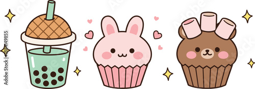 Cute Dessert Cartoon Vector Set with Bubble Tea Bunny Cupcake and Bear Muffin for Stickers, Kids, and Food Designs