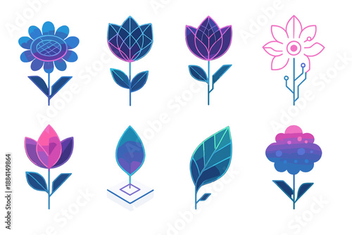 Techno Botanical Icons. Techno Botanicals set in isometric flat vector : digital bloom disc, geometric petal mesh, luminous circuit flower, angular stem arc,