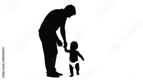Father supporting baby's initial steps fostering growth development and family bonds depicted as a dark against a stark white Silhouette vector on whit Background