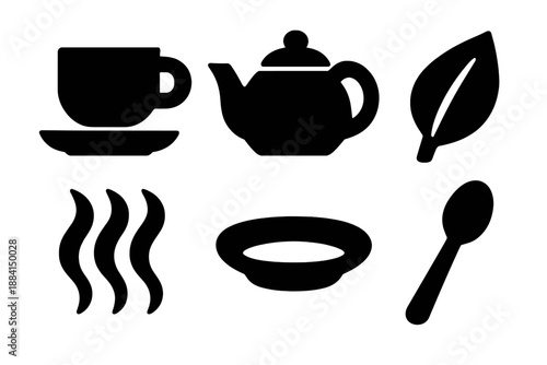 Brutalist Tea Icons. Tea icon set in silhouette bold style. Contain Teacup, Teapot, Leaf, Steam, Saucer, Spoon