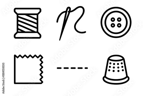 Sewing Essentials Icons. Fabric textile basics set in outline vector style: spool of thread, needle, button, fabric swatch, stitching line, thimble