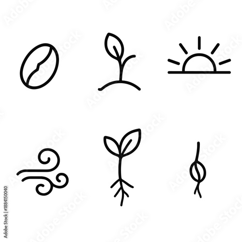 Nature's Iconic Growth. Emergence natural set in outline vector style: seed cracking, sprout rising, morning sun, mist swirl, newborn leaf, tiny root