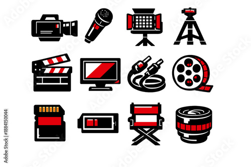 Brutalist Video Icon Set. Video Production icon set in silhouette bold style. Contain camcorder, microphone, light panel, tripod, clapboard, monitor, cable,