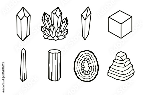 Crystals in Black Outline. Natural Crystal Forms set in outline vector style: quartz point, amethyst cluster, calcite blade, fluorite cube, selenite wand,