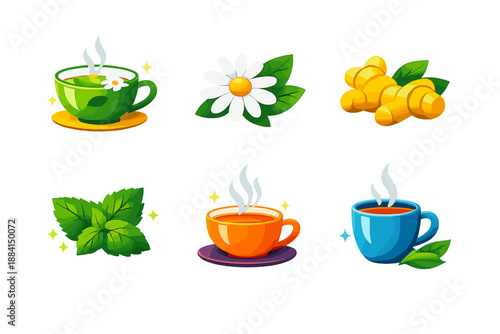 Herbal Tea Icons. Relaxing hot drinks vector set in modern flat style : herbal tea cup, chamomile flower, mint leaf, ginger root, calming steam lines, peaceful aura