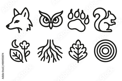 Outline Forest Icons. Wild Forest Life set in outline vector style: fox outline, owl eye, bear paw, squirrel tail curve, forest bloom, root tangle, night leaf, woodland ripple
