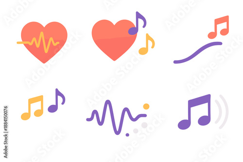 Melodic Sound Waves. Emotional melody vector set in modern flat style : heart sound wave, soft notes, rising tune arc, calm glow, expressive motion, fading echo