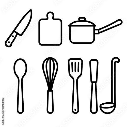 Minimalist Cooking Icons. Cooktime Cooking Tools set in outline vector style : chef knife, cutting board, saucepan, frying pan, wooden spoon, whisk, spatula, ladle