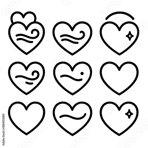 Heartwarming Icon Harmony. Sweet Rendezvous Paired Warmth set in outline vector style : twin heart curves, shared breeze swirl, drift glow mote, calm accent dot, unity arc, soft shine speck