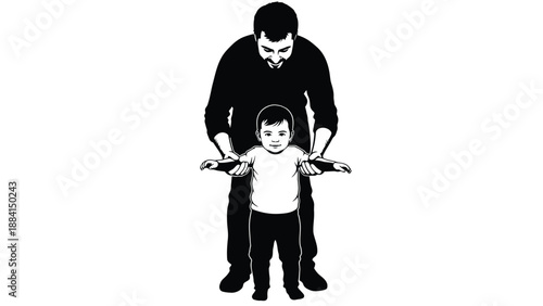 Father supports baby learning to walk guiding with hands creating a loving family moment in a simple contrasting black and white illustration Silhouette vector on whit Background
