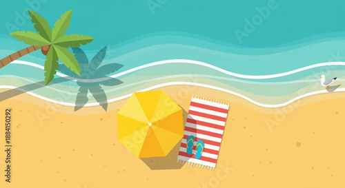 A serene summer beach scene with umbrella and towel on sandy shore
