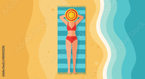 Woman relaxing on a striped towel by the pool during a warm summer day