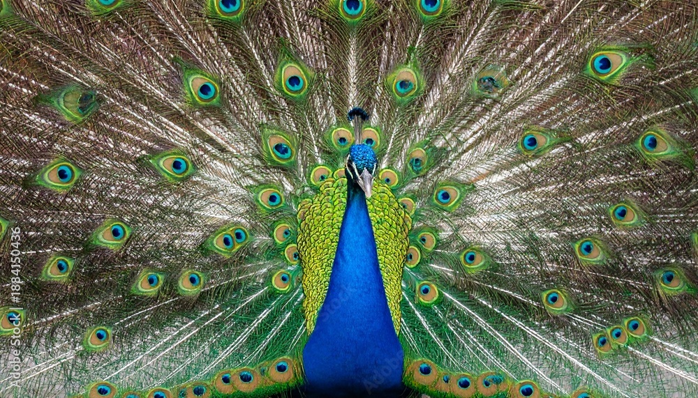 Fototapeta premium Vibrant blue peacock with fully fanned tail feathers displaying eye-like patterns in green, blue, and gold, showcasing symmetry, vivid coloration, and natural elegance in a lush setting.