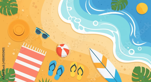 A serene beach scene on a warm summer day with leisure items scattered nearby