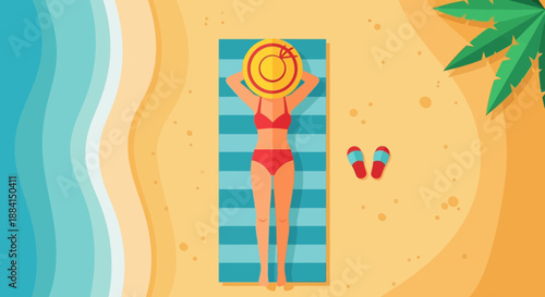 Overhead view of a woman sunbathing on a striped mat during a serene summer beach scene