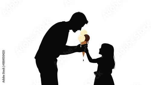Father offers ice cream to his daughter in a sweet moment creating a heartwarming scene of family bonding and shared enjoyment against a clean Silhouette vector on whit Background