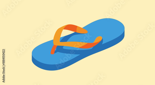Vibrant blue flip-flop with orange straps on a pale background on a warm summer day outdoors