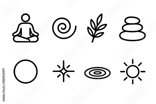 Holistic Wellness Icons. Holistic Well-Being set in outline vector style: meditation pose, breathing swirl, herbal sprig, grounding stone, centered circle, wellness spark, smooth ripple, warm sun
