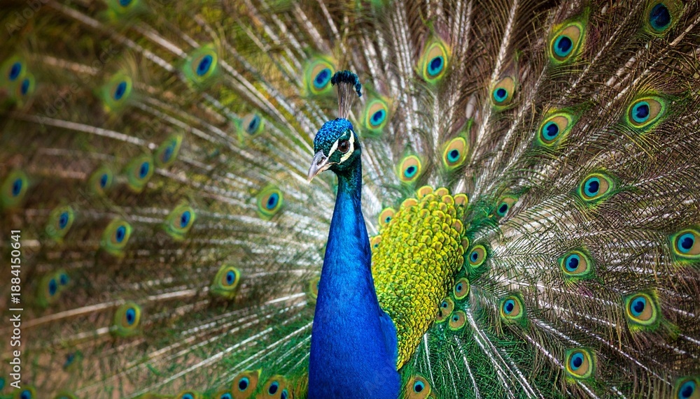 Obraz premium Vibrant blue peacock with fully fanned tail feathers displaying eye-like patterns in green, blue, and gold, showcasing symmetry, vivid coloration, and natural elegance in a lush setting.