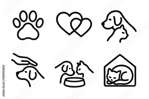 Animal Companion Icons. Animal Bonds companionship set in outline vector style: paw print, heart link, nuzzle silhouette, shared bowl, gentle hand, cozy corner