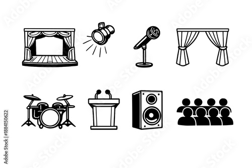 Theater Icon Set. Stageset in outline vector style theater stage, spotlight, microphone, curtains, drum, podium, speaker, audience