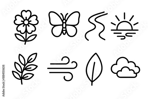 Nature's Joyful Icons. Nature’s Joyful Moments set in outline vector style: blooming blossom, fluttering butterfly, gentle stream, sunrise arc, leafy sprig, fresh breeze lines, bright petal, calm sky