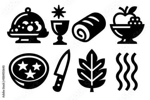 Festive Feast Icons. Celebratory Feast icon set in silhouette bold style. Contain platter spread, festive cup, golden roll, fruit bowl, spice dish, carving knife, decorative leaf, warm steam icon