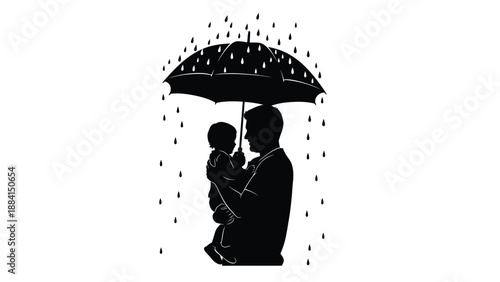 Father protects child from rain under umbrella embodying love safety and security with a minimalist design against a clean white backdrop Silhouette vector on whit Background