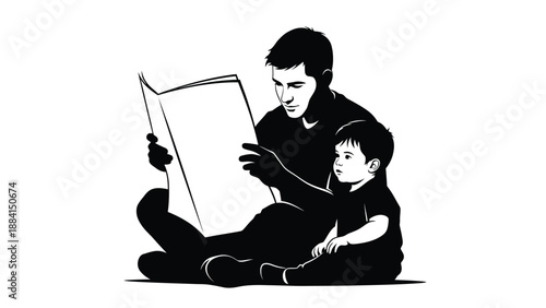 Father and son reading story bonding together sharing quality time education and love family values nurturing child's development black Silhouette vector on whit Background