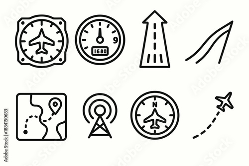 Aviation Navigation Icons. Aviation Navigation Tools set in outline vector style: cockpit dial, altimeter, runway arrow, airspeed line, flight map, radio beacon, heading indicator, sky path