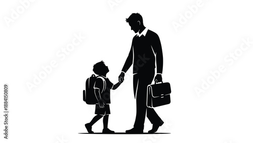 Father and son walking to school together bonding in expressing love and guidance creating a heartwarming moment symbolizing family Silhouette vector on whit Background
