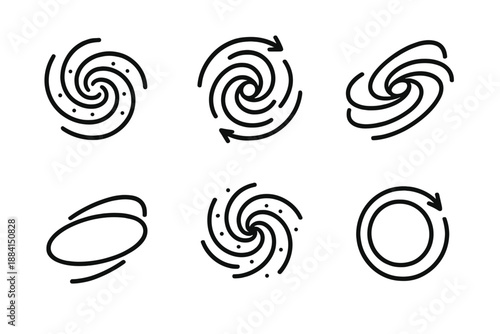 Galactic Motion Icons. Galactic Motion rotational set in outline vector style: spinning galaxy, spiral arms, rotating disk, centrifugal arc, curved trajectory, momentum ring