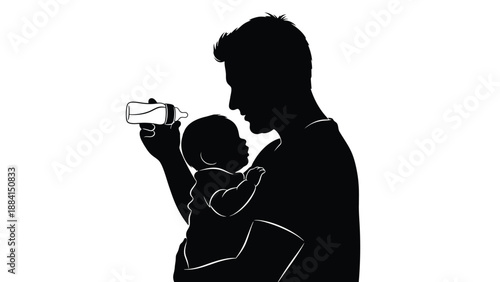 Loving father feeding infant with bottle nurturing bond family care parenthood love and connection in a caring supportive and gentle moment Silhouette vector on whit Background