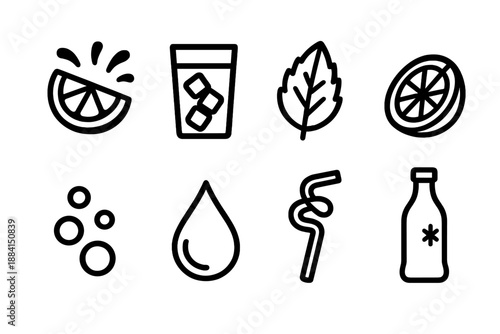 Refreshing Drink Icons. Refreshing Drinks set in outline vector style: citrus splash, iced glass, mint leaf, fruit slice, sparkling bubbles, cool droplet, straw swirl, chilled bottle