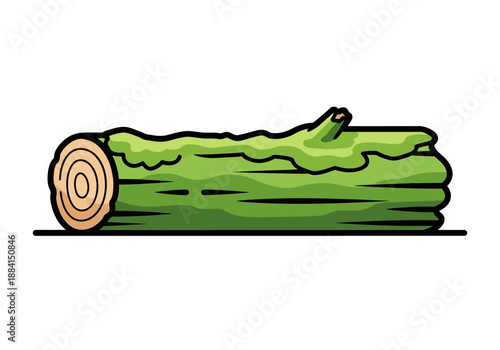 A cartoon log with green bark and a visible cross-section lies on the ground, viewed from the side.
