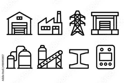 Industrial Icon Set. Industrial Built Environment set in outline vector style: warehouse block, factory roofline, utility tower, loading dock, storage tank, conveyor path, heavy beam, control panel
