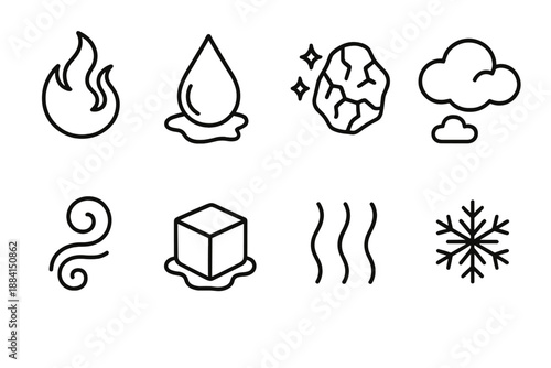 Elemental Icon Set. Elemental Transformation set in outline vector style: fire-to-smoke trail, melting ice droplet, crackling ember, shifting cloud, vapor swirl
