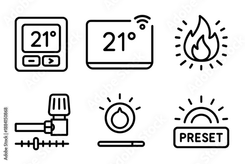 Home Heating Icons. Home Heating Control set in outline vector style: wall thermostat, smart heating panel, radiator valve, cozy flame, temperature slider, control dial, warm aura, preset button