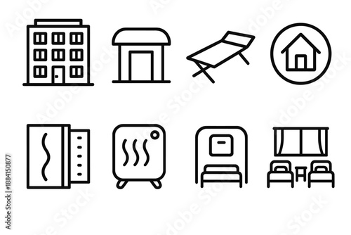 Urban Shelter Icons. Urban Shelter set in outline vector style: apartment block, doorway awning, emergency cot, community housing icon, insulated panel,