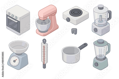 Isometric Kitchen Icons. Frosting Art Appliances set in isometric flat vector : oven, mixer, stovetop burner, food processor, scale, candy thermometer, saucepan, blender