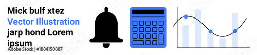 Bell for alerts, calculator symbolizing computation, and chart visualizing statistical trends. Ideal for analytics, productivity, finance, statistics, alerts, planning tools simple landing page
