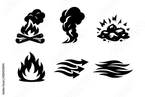 Brutalist Fire Icons. Fire smoke icon set in silhouette bold style. Contain campfire, smoke plume, ember sparks, flame base, airflow arrows, drifting haze