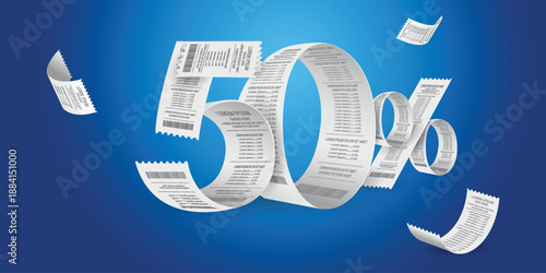 50 Percent Discount Sale Concept with 3D Paper Receipt Numbers on Blue Background.50% discount on purchases. Sales promotion.